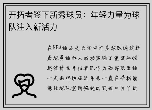 开拓者签下新秀球员：年轻力量为球队注入新活力